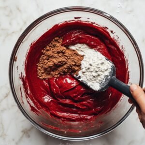 Glass bowl of red velvet cookie dough with flour and cocoa powder being added from a black scoop, on a marble surface.