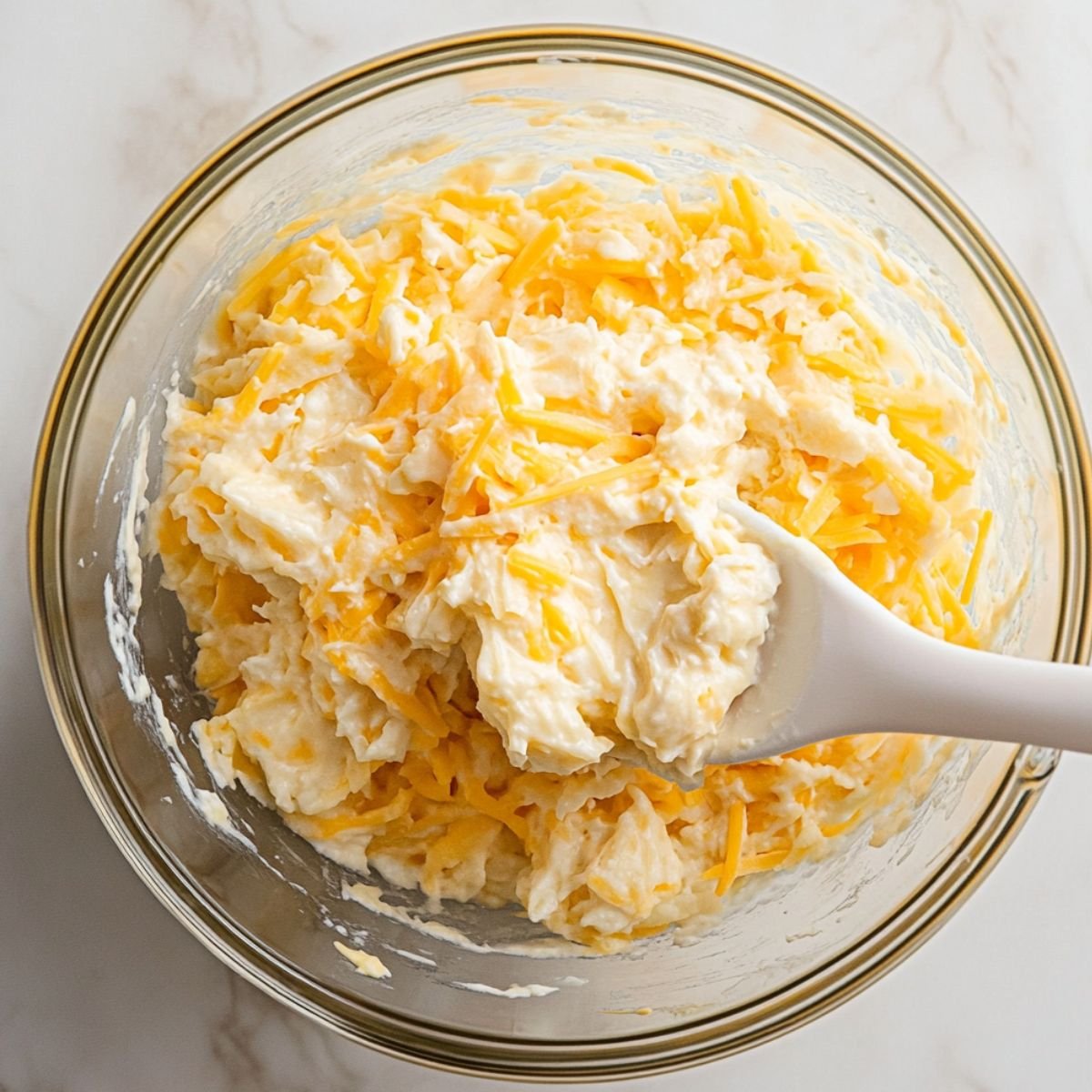 Glass bowl filled with a creamy mixture of shredded hashbrowns, cheddar cheese, sour cream, and soup, being stirred with a white plastic spoon on a light marble countertop.