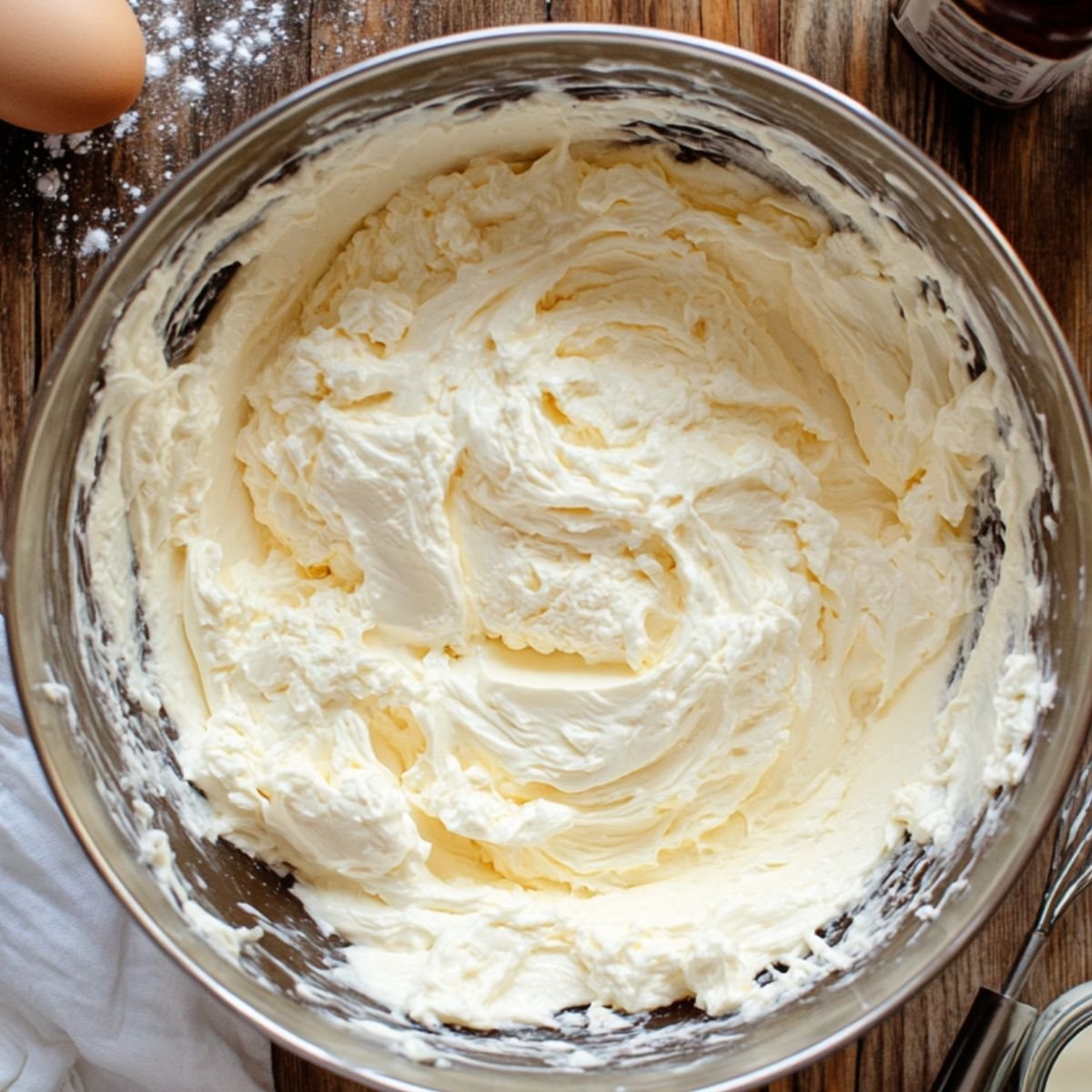 Creamy cheesecake filling being mixed in a large metal bowl on a rustic wooden surface.