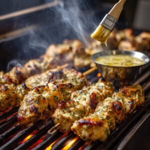 Juicy ranch garlic parmesan chicken skewers grilling over open flames, with a brush applying melted parmesan herb butter and a bowl of basting sauce nearby, smoke rising from the hot grates.