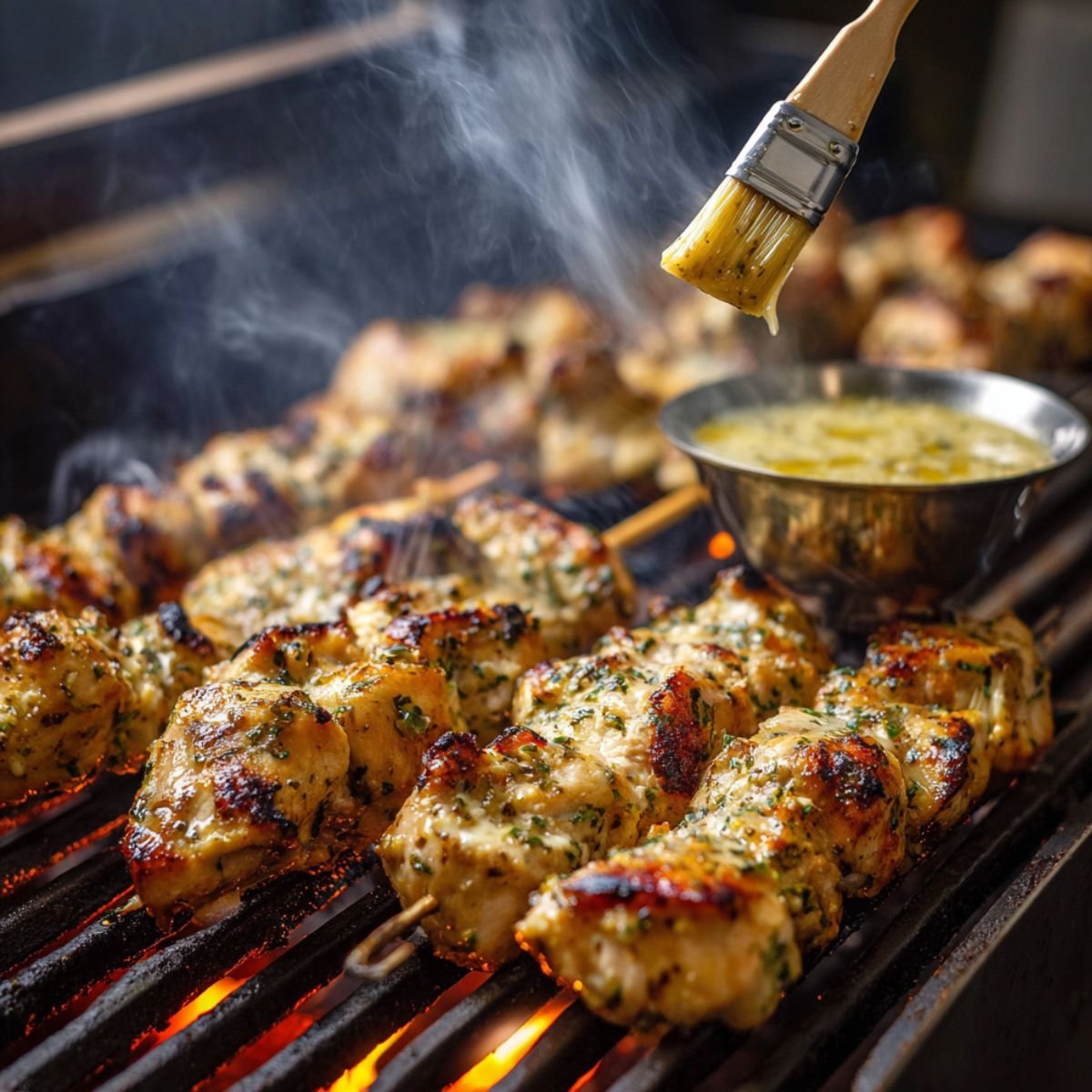 Juicy ranch garlic parmesan chicken skewers grilling over open flames, with a brush applying melted parmesan herb butter and a bowl of basting sauce nearby, smoke rising from the hot grates.