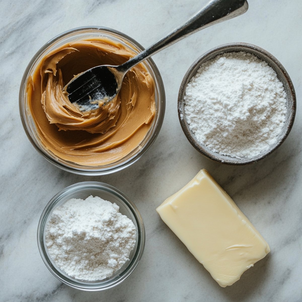 Overhead view of homemade peanut butter ball ingredients on a marble surface: a bowl of creamy peanut butter with a spoon, two bowls of powdered sugar, and a softened stick of butter.