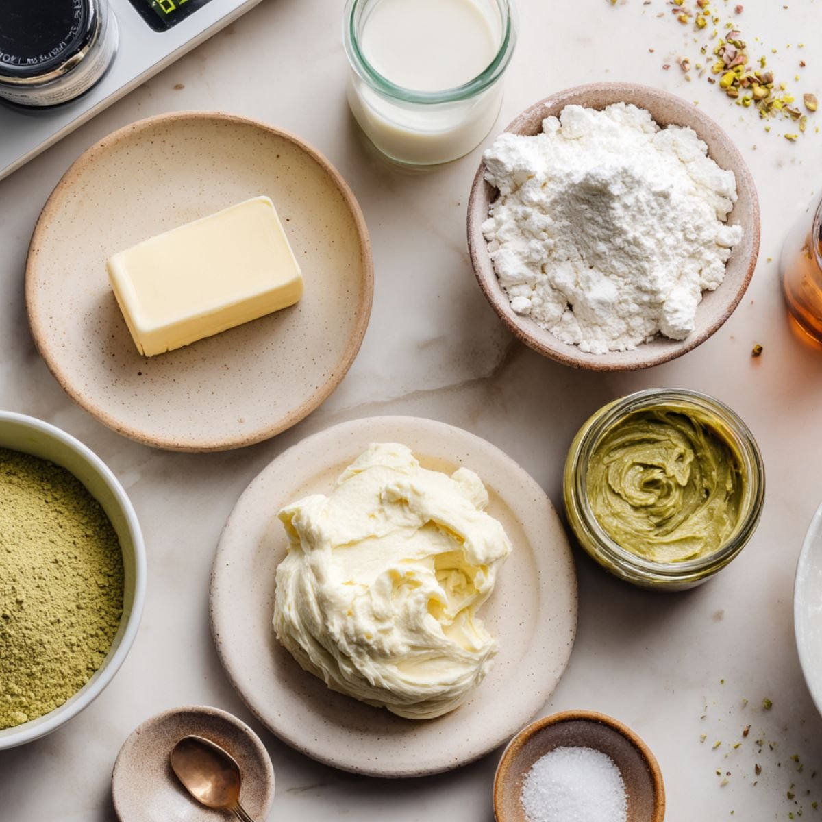 Flat lay of real pistachio macaron filling ingredients on a marble countertop, including butter, powdered sugar, pistachio paste, heavy cream, salt, pistachio powder, and whipped filling, all arranged in ceramic bowls and jars.