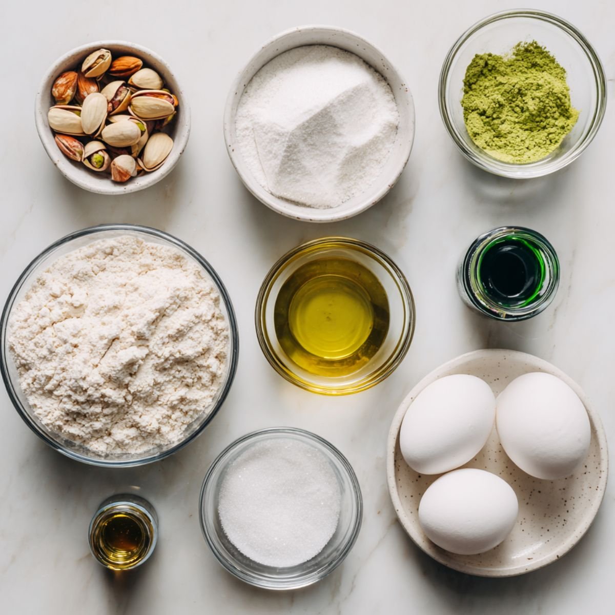 Top-down view of real pistachio macaron shell ingredients on a marble surface, including almond flour, powdered sugar, granulated sugar, whole eggs, pistachios, pistachio powder, green food coloring, and pistachio extract.