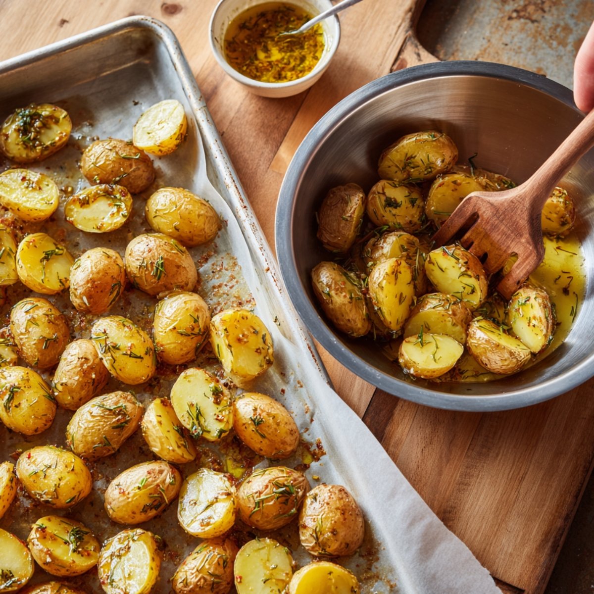 Baby potatoes tossed in herb oil in a bowl, then spread on a parchment-lined sheet pan, ready for roasting.