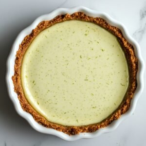 Top-down view of a homemade Key Lime Pie with smooth lime filling and zest in a golden graham cracker crust, set in a white fluted dish on a marble surface.