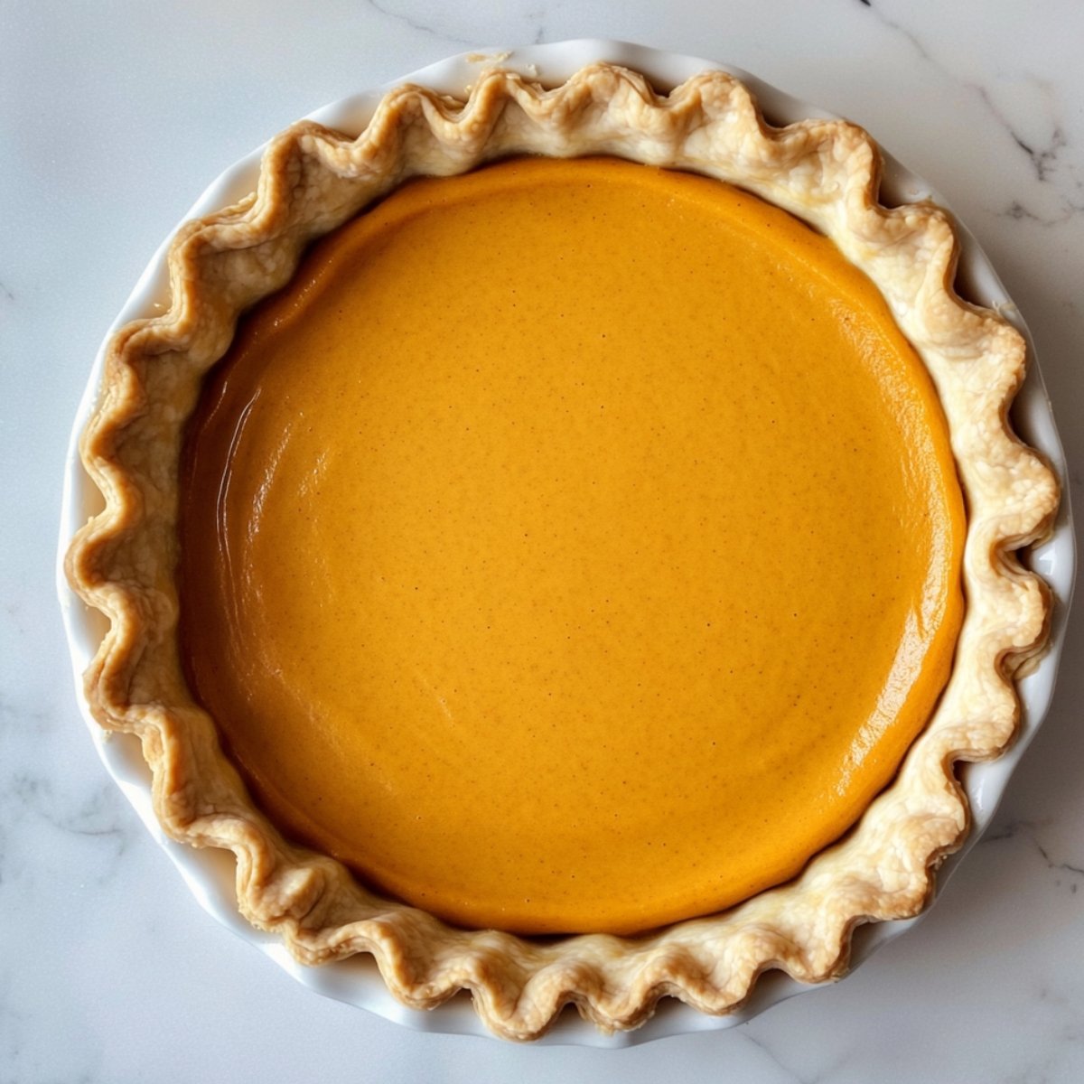 Unbaked pumpkin pie in a white ceramic dish with a fluted golden crust and smooth orange filling, ready for the oven on a marble countertop.