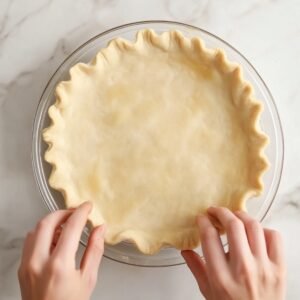 Hands shaping the edge of an unbaked pie crust in a glass pie dish on a marble surface, preparing it for a homemade pumpkin pie.