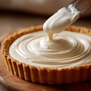 Close-up of a homemade tart with a golden-baked crust being filled with smooth vanilla pastry cream using a spatula. The cream is swirled gently in the center, highlighting its thick, glossy texture.