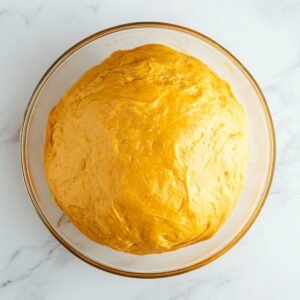 Pumpkin cinnamon roll dough resting in a lightly greased glass bowl, smooth and golden, after being mixed-ready to rise in a cozy home kitchen.