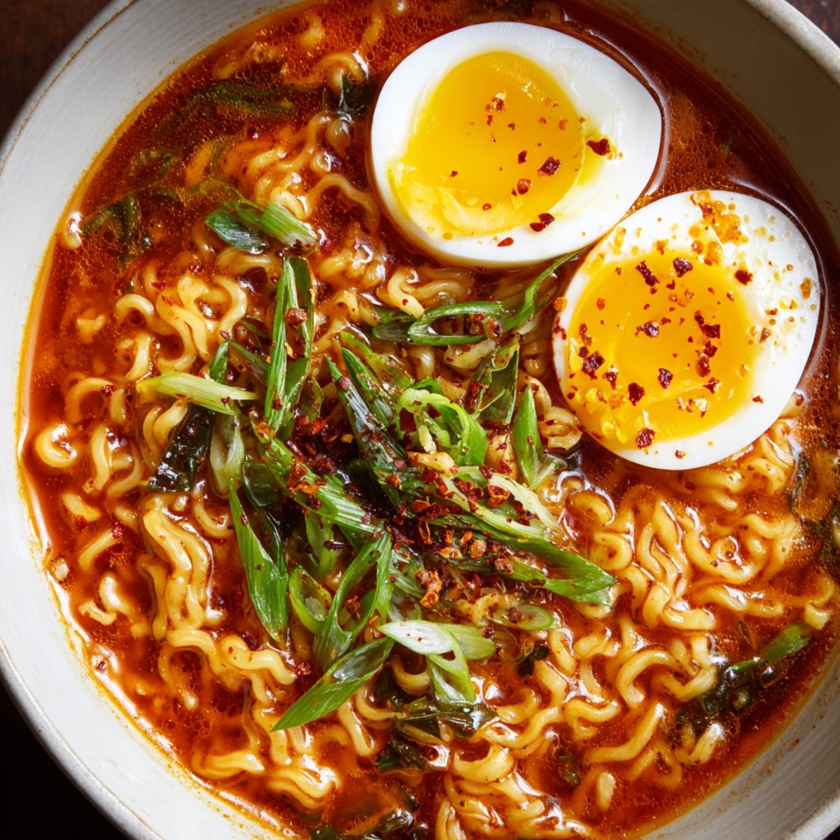 Homemade spicy ramen with soft-boiled egg halves, green onions, chili flakes, and curly noodles in rich red broth.