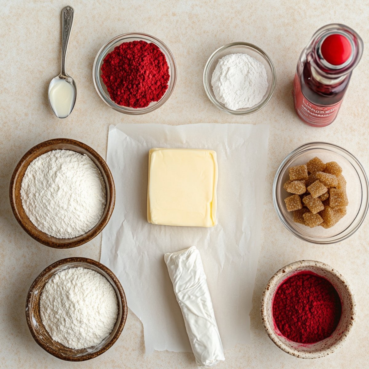 Red velvet cookie dough ingredients laid out on a beige surface, including flour, butter, cream cheese, brown sugar, cocoa powder, red food coloring, and vanilla.