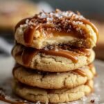 Stack of homemade salted caramel cheesecake cookies with gooey caramel drizzle and sea salt on top, one cookie bitten to reveal creamy center.