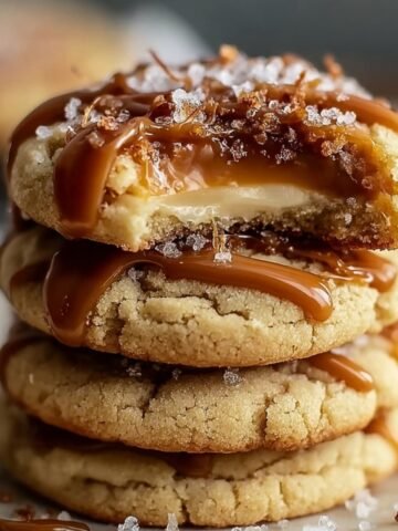 Stack of homemade salted caramel cheesecake cookies with gooey caramel drizzle and sea salt on top, one cookie bitten to reveal creamy center.