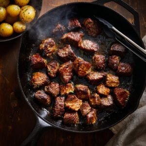 Seared garlic steak bites in a hot cast iron skillet, arranged in a single layer with a deep brown crust. Steam rises as they cook, with tongs resting on the side. A bowl of seasoned potatoes sits nearby on a rustic wooden surface.