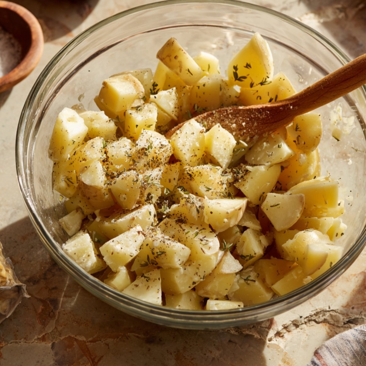 Seasoned chopped potatoes in a glass bowl with herbs and pepper, stirred with a wooden spoon.