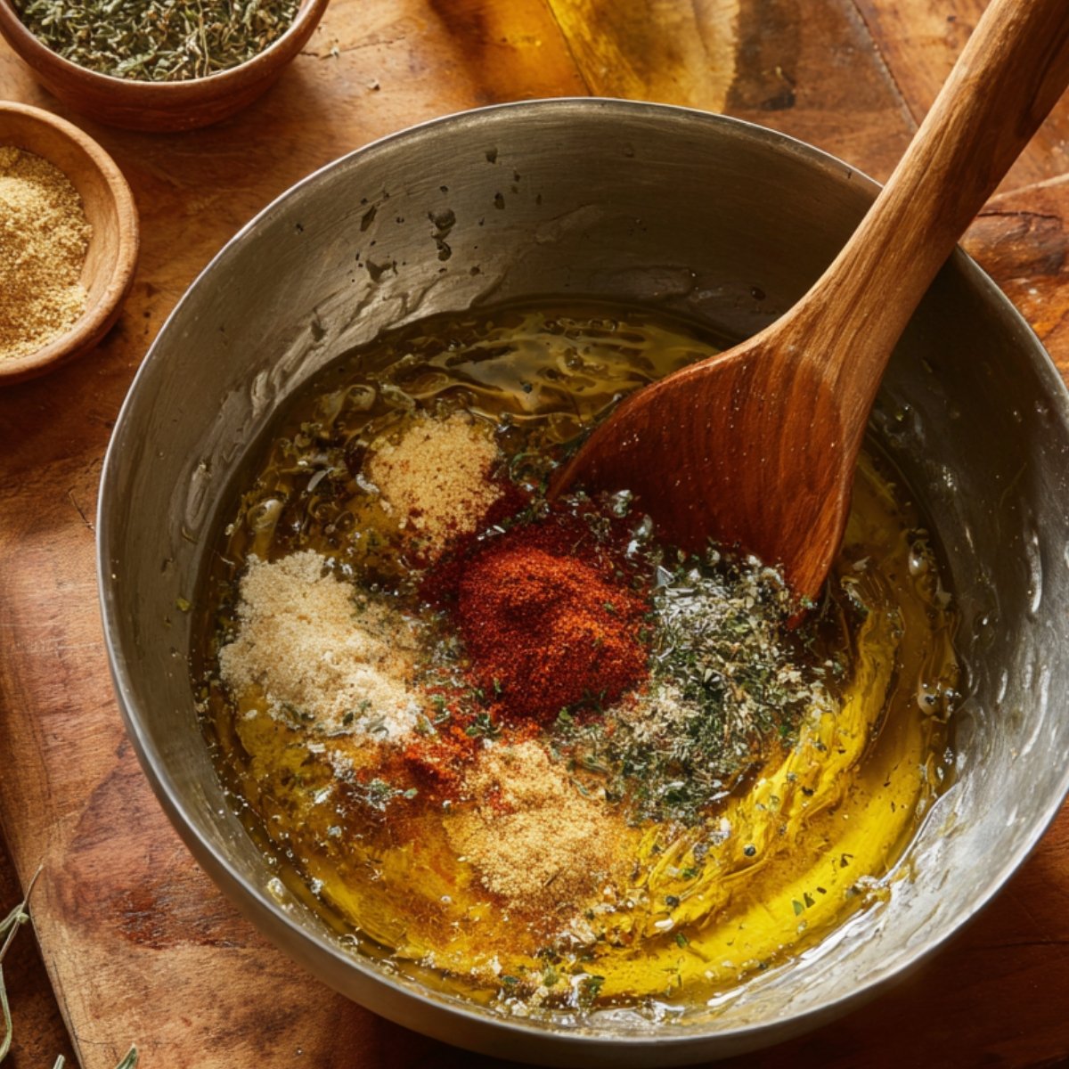 A bowl of olive oil with garlic powder, paprika, thyme, and other seasonings, ready to be mixed with a wooden spoon on a wooden counter.