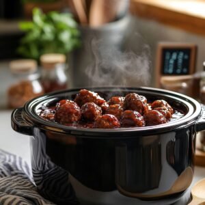 Steaming grape jelly meatballs simmering in a black crockpot, coated in thick, glossy sauce, with a cozy kitchen setting in the background.