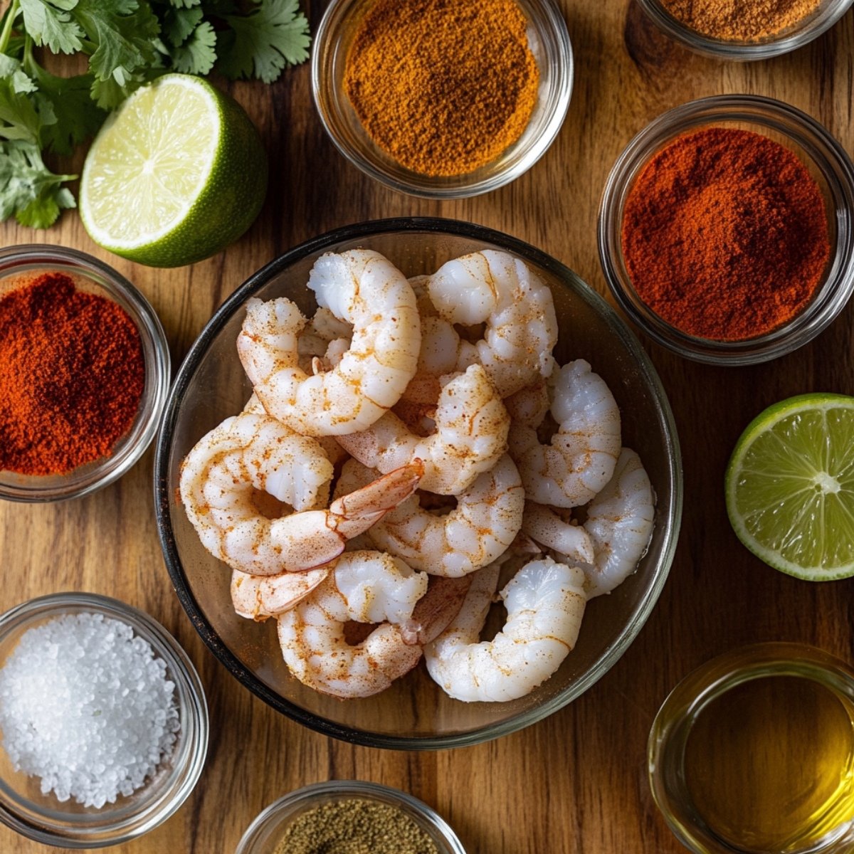 Raw shrimp in a glass bowl, surrounded by chili powder, paprika, cumin, salt, olive oil, lime halves, and fresh cilantro on a wooden surface—ready for homemade shrimp tacos.