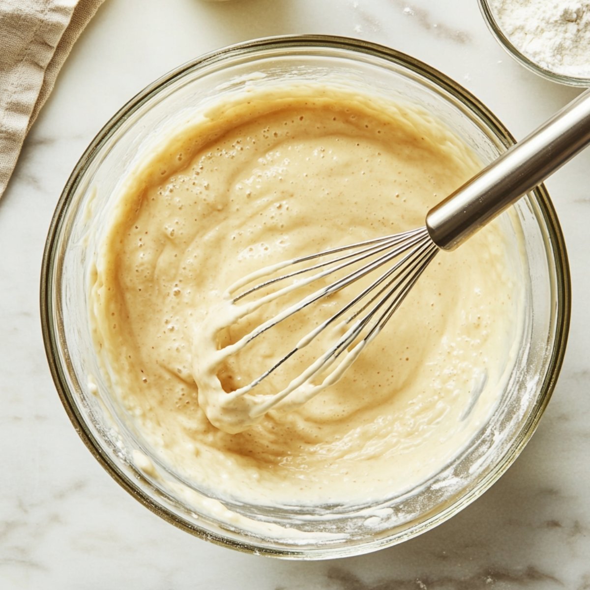A glass bowl of creamy batter being whisked with a metal whisk, sitting on a marble countertop, ready for coating cauliflower.