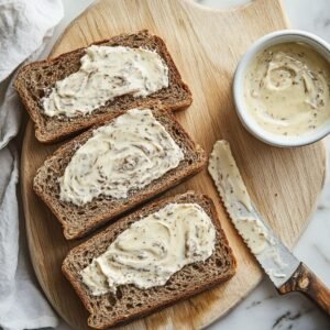 Three slices of rye bread on a wooden board, each spread with creamy Russian dressing, with a ramekin of dressing and a butter knife beside them. Real, homemade sandwich prep scene.