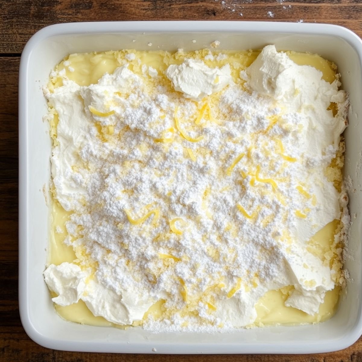 Unbaked lemon cream cheese dump cake in a white baking dish, topped with dollops of cream cheese, a layer of dry lemon cake mix, and a sprinkle of lemon zest, ready for the oven.