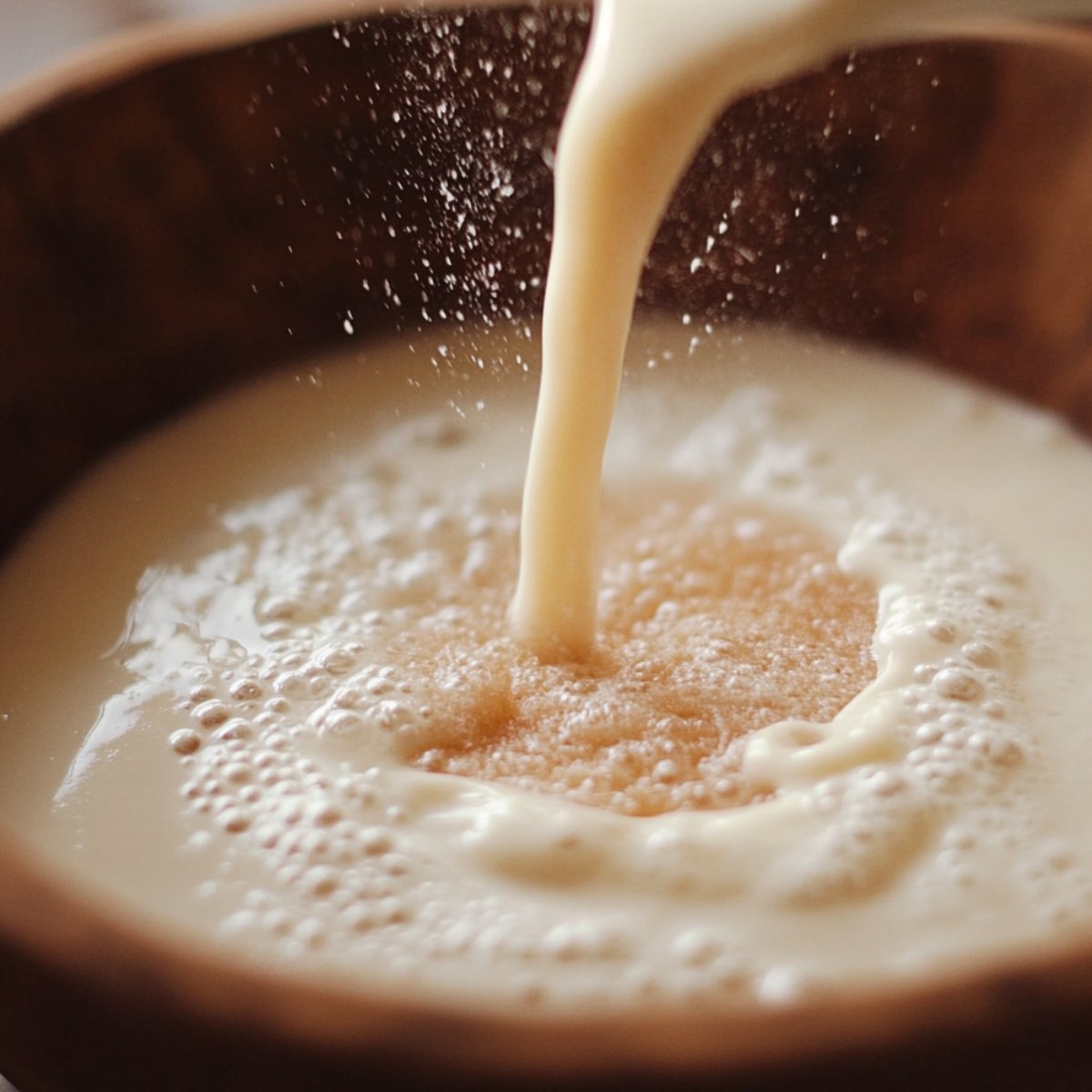 Warm milk being poured into a wooden bowl over yeast and sugar, creating soft bubbles and foam—an early step in making homemade pumpkin cinnamon rolls.
