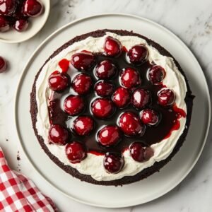 Chocolate cake layer topped with whipped cream and glossy cherries in syrup, on a white plate with a red-checkered towel and extra cherries nearby.