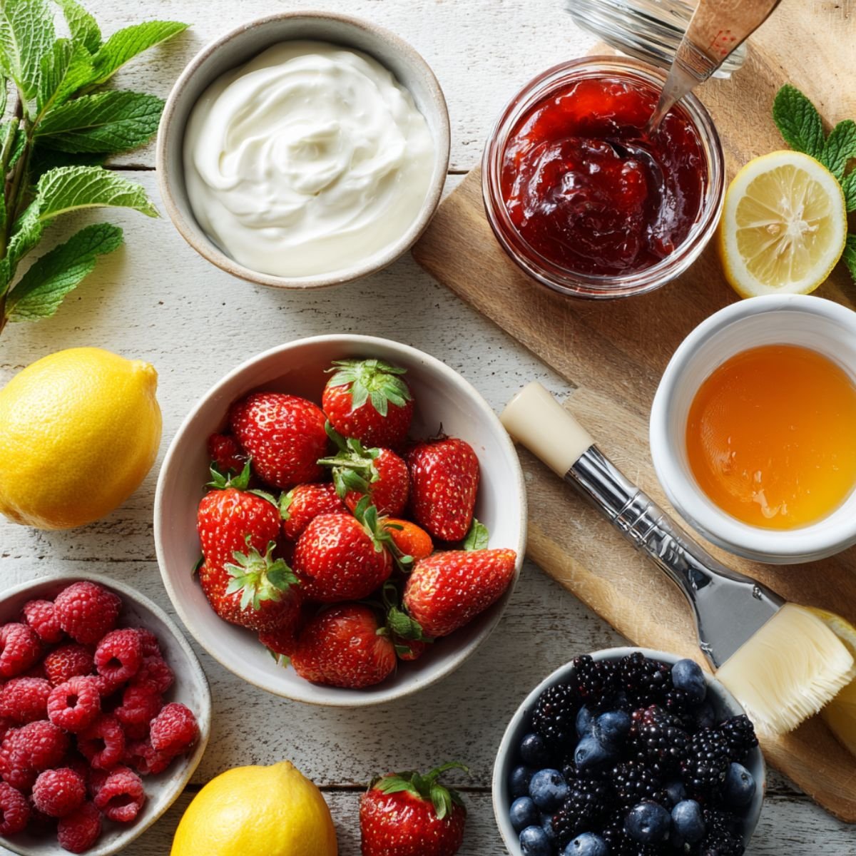 Fresh ingredients for a homemade strawberry tart topping on a rustic white table: strawberries, raspberries, blueberries, lemons, apricot glaze, jam, whipped cream, and mint, all arranged naturally with soft lighting.