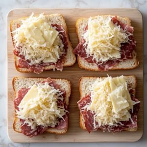 Four slices of sandwich bread topped with marbled corned beef, shredded sauerkraut, and sliced Swiss cheese, arranged neatly on a wooden board. A homemade Reuben sandwich in progress, ready to grill.