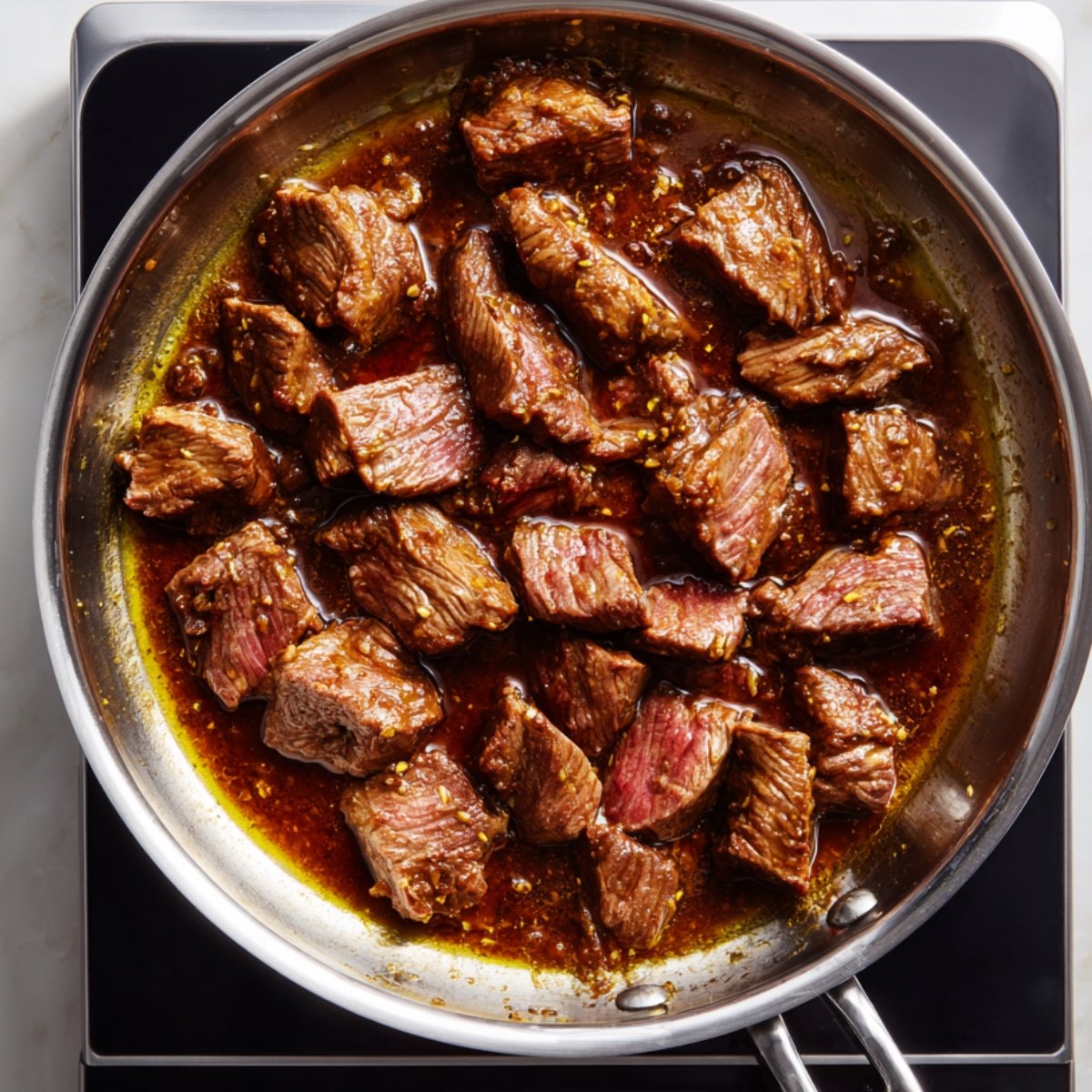 Top-down view of homemade Chinese beef searing in a stainless steel skillet on a black induction cooktop, with tender strips in glossy brown garlic sauce, some pieces still slightly pink, all glistening under natural light.
