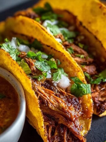 Three crispy homemade birria tacos filled with shredded beef, topped with fresh cilantro and diced onion, served with lime wedges and a bowl of rich consommé for dipping.