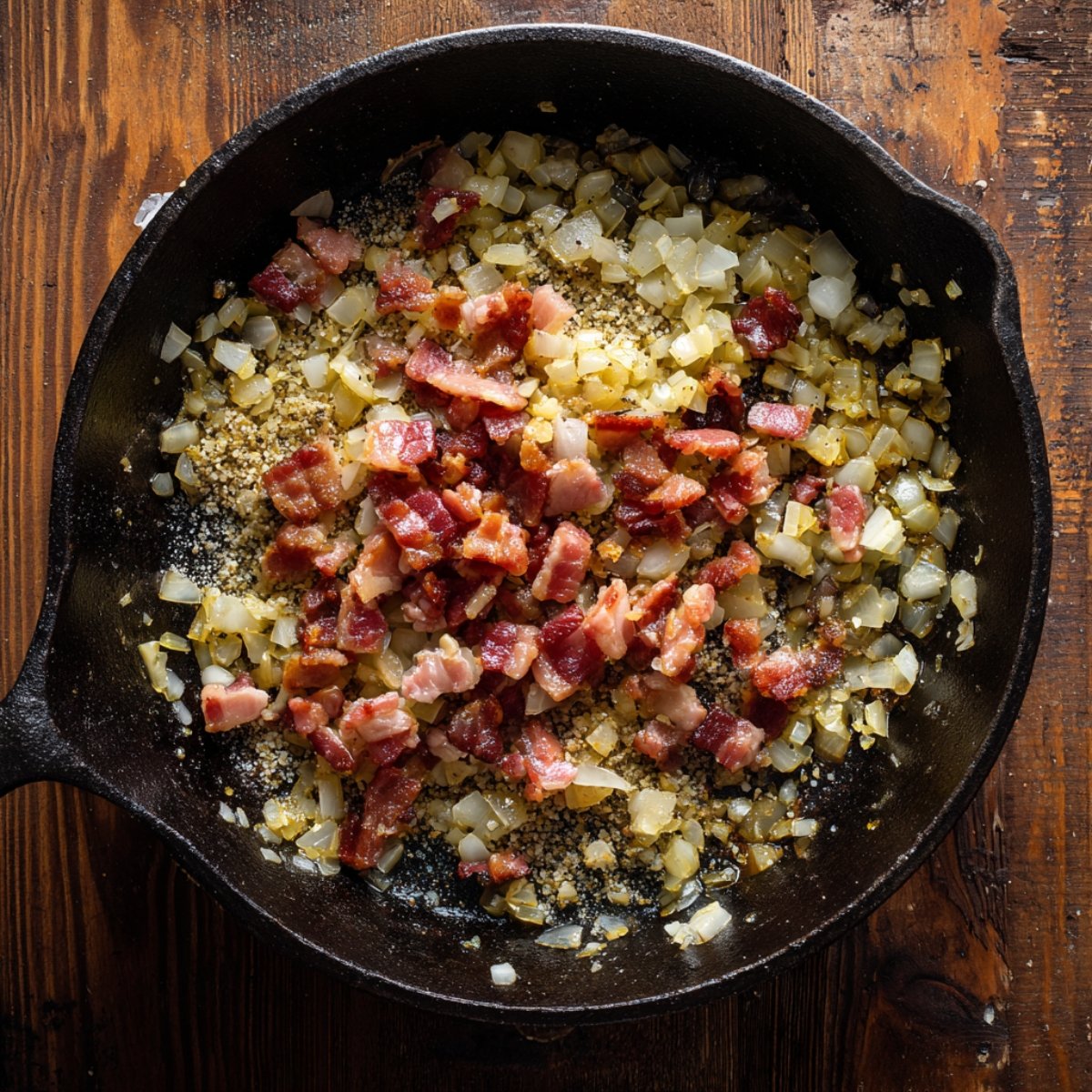 Diced bacon, onions, and garlic sizzling in a cast-iron skillet on a rustic wooden surface, showing the early homemade base for baked beans with golden bits and visible bacon fat.