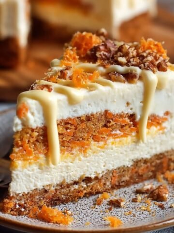 A homemade slice of carrot cake cheesecake with creamy layers, caramel drizzle, and walnuts.