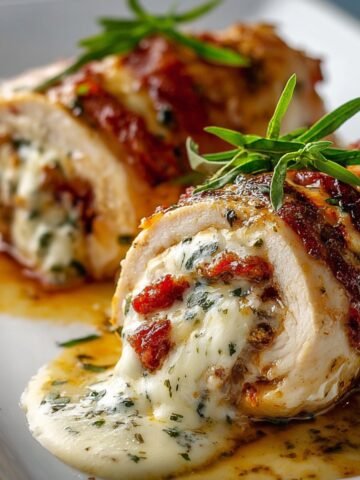 Chicken Rollatini stuffed with melted mozzarella, herbs, and sun-dried tomatoes, sliced open with gooey cheese spilling out, garnished with fresh herbs on a white plate.