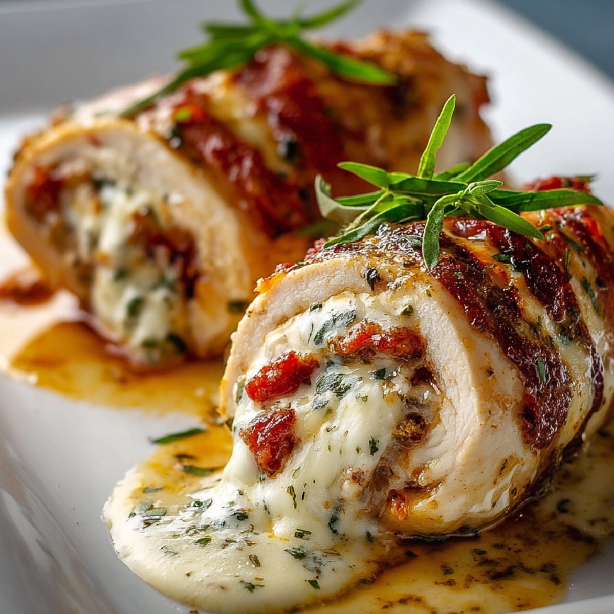 Chicken Rollatini stuffed with melted mozzarella, herbs, and sun-dried tomatoes, sliced open with gooey cheese spilling out, garnished with fresh herbs on a white plate.