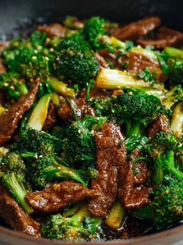 Chinese Beef and Broccoli over white rice in a dark bowl, with tender beef in glossy brown sauce, vibrant broccoli, and green onion garnish, natural light.