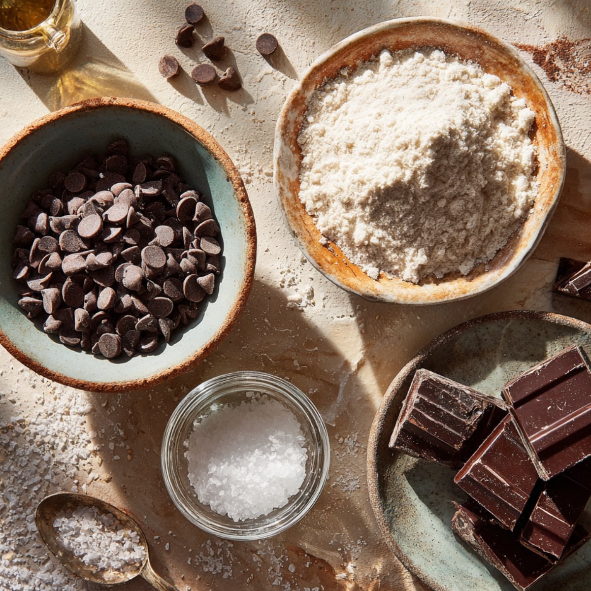 Overhead view of baking ingredients for homemade chocolate chip cookies, including a bowl of semi-sweet chocolate chips, a bowl of chocolate chunks, a bowl of cornstarch, and a small glass dish of flaky sea salt, all on a light textured surface with natural sunlight and soft shadows.