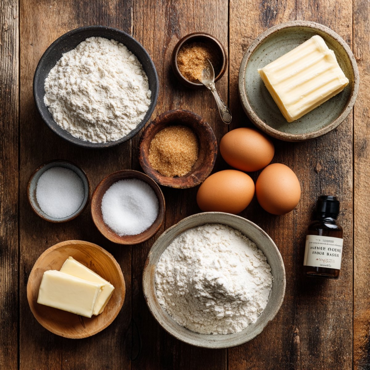 Overhead view of baking ingredients for homemade chocolate chip cookies on a rustic wooden table, including bowls of flour, brown sugar, white sugar, salt, sticks of butter, three brown eggs, and a bottle of pure vanilla extract.