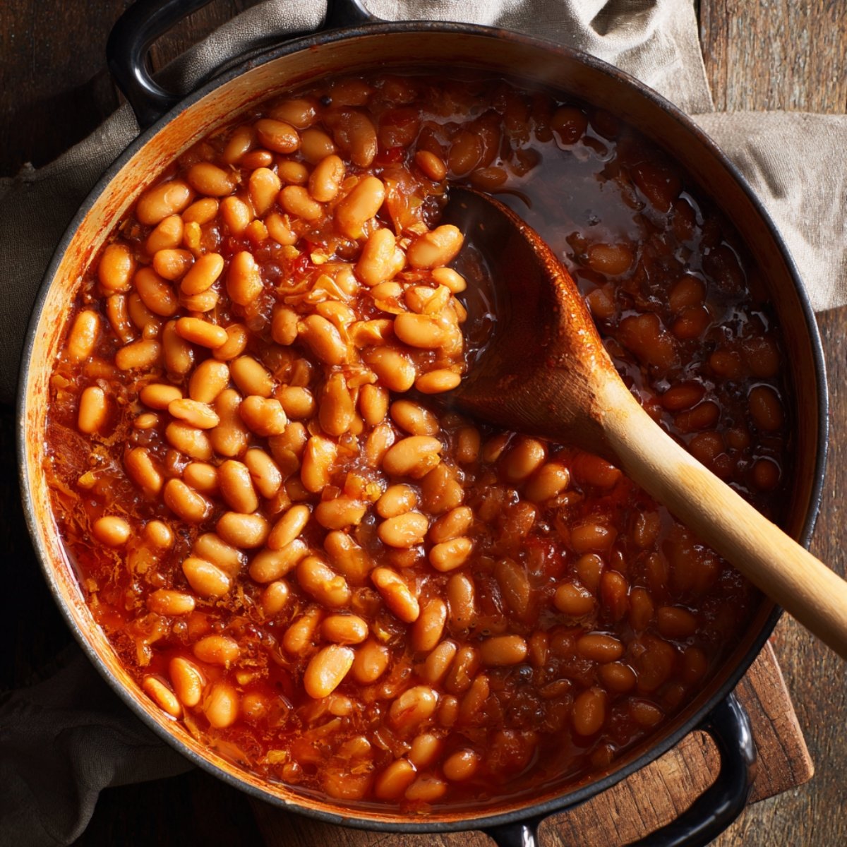 A pot of homemade baked beans in a rich tomato-based sauce, with tender white beans simmering and a wooden spoon resting inside, showing a rustic and freshly stirred mixture in a Dutch oven on a wooden surface.