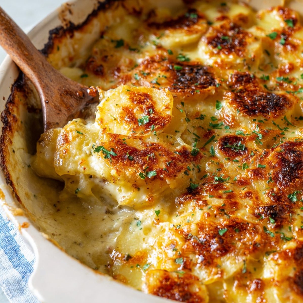 Creamy Au Gratin Potatoes in a white casserole dish with herbs and creamy layers.