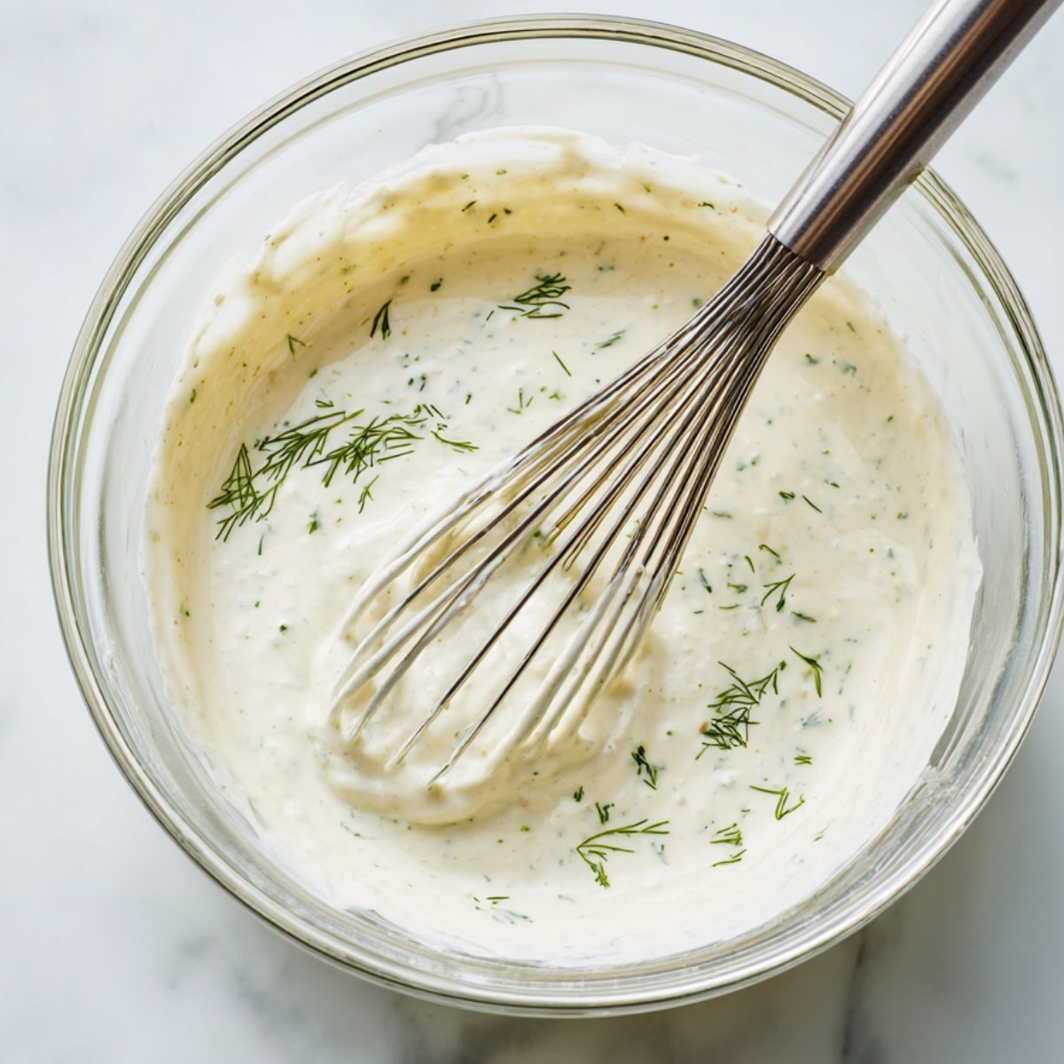 Homemade creamy cucumber salad dressing with fresh dill in a glass bowl and whisk.