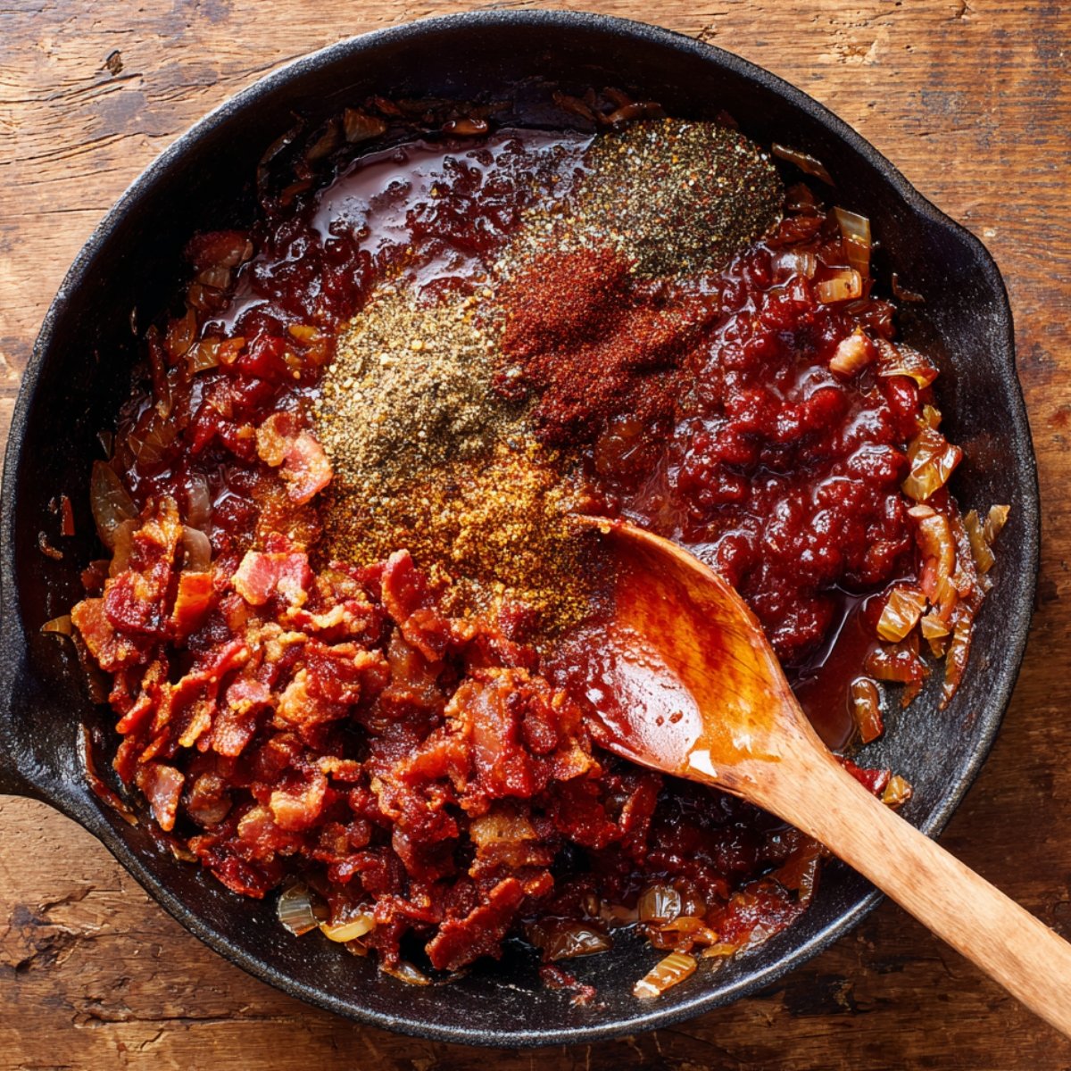 A cast-iron skillet filled with cooked onions, crispy bacon, tomato paste, and a colorful mix of spices including paprika, black pepper, and mustard powder, ready to be stirred with a wooden spoon as the flavorful base for homemade baked beans.