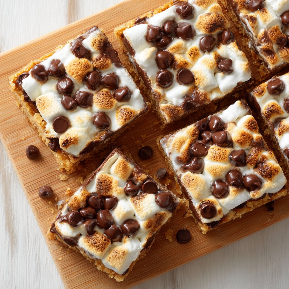 Homemade s’mores bars cut into squares on a wooden board, with gooey melted chocolate chips and toasted mini marshmallows on a golden graham cracker crust. A few chocolate chips and crumbs are scattered around for a rustic, homemade feel.
