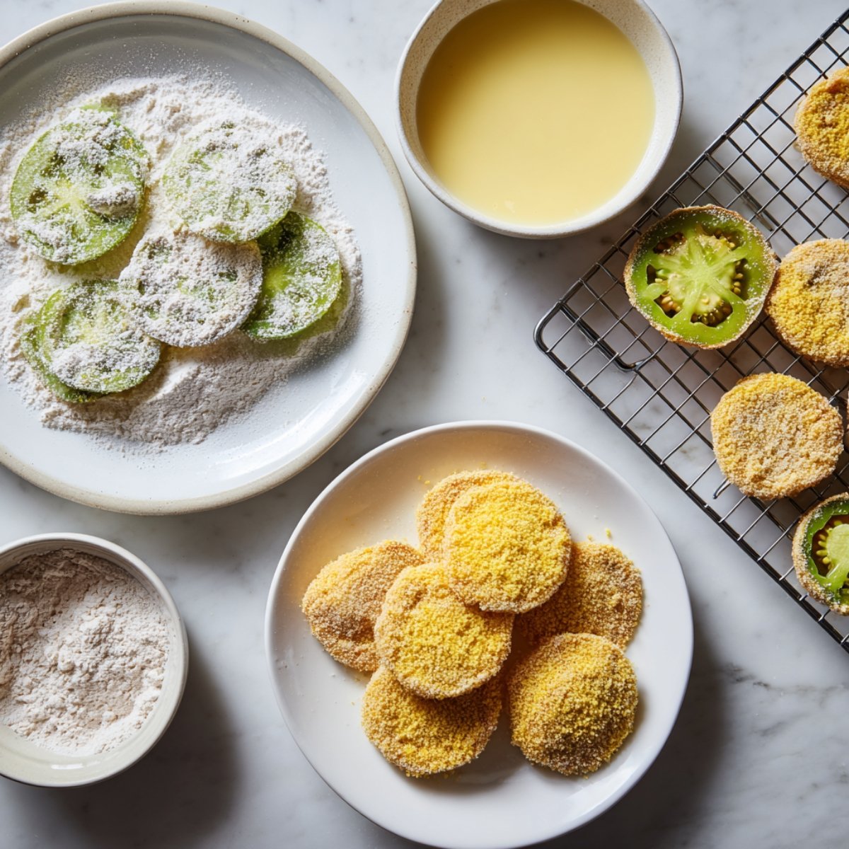 Green tomato slices being coated with flour, cornmeal, and buttermilk on a marble counter.