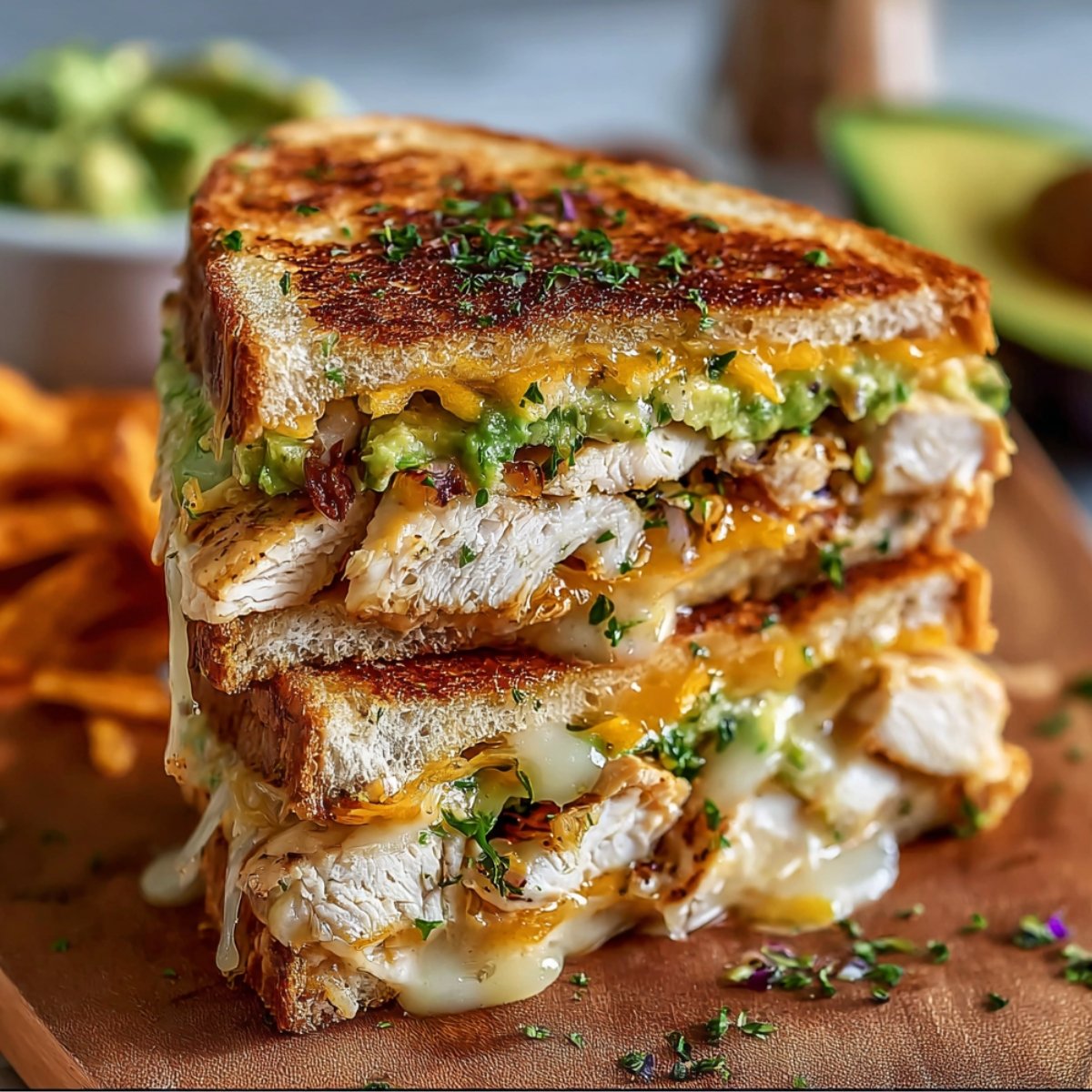 Stacked homemade Chicken Avocado Melt Sandwich with crispy sourdough, melted cheddar and Monterey Jack, juicy chicken breast, and chunky avocado mash, topped with herbs and served with sweet potato chips.