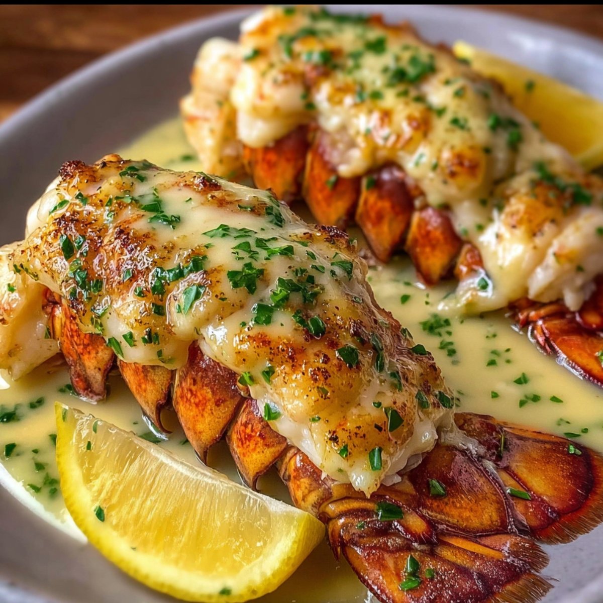 Garlic butter lobster tails with golden meat, parsley, and lemon wedge in a white dish.