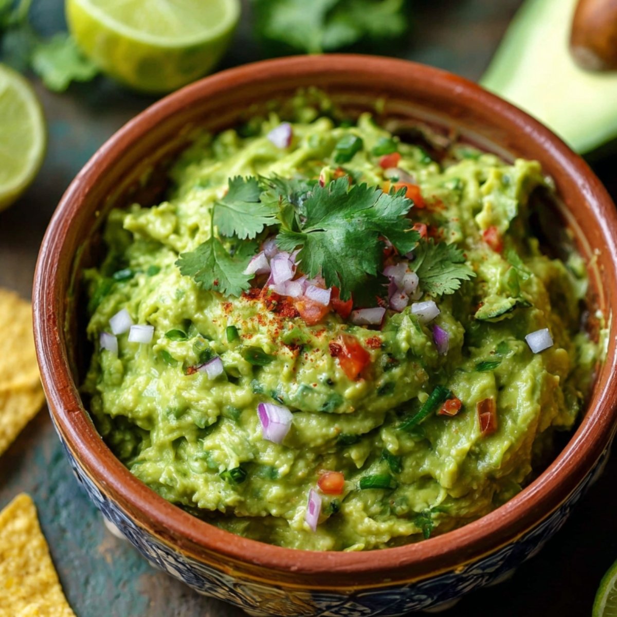 Rustic wooden bowl of chunky Easy Guacamole Recipe topped with diced tomatoes, onion, cilantro, and chili flakes, surrounded by tortilla chips and lime, in warm natural light.