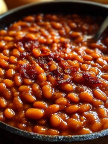 Golden, homemade baked beans in a round cast-iron Dutch oven, topped with crispy bacon and garnished with fresh thyme, showing a caramelized surface from slow oven baking.