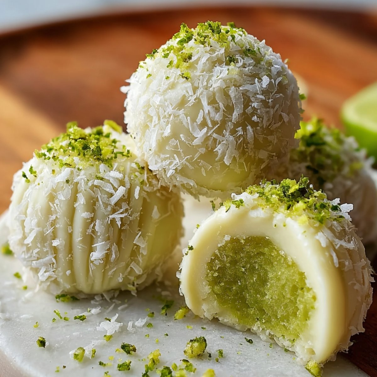 Easy Key Lime Truffles coated in coconut and lime zest, with one cut open to show the green filling, on a marble surface with a lime wedge in the background.